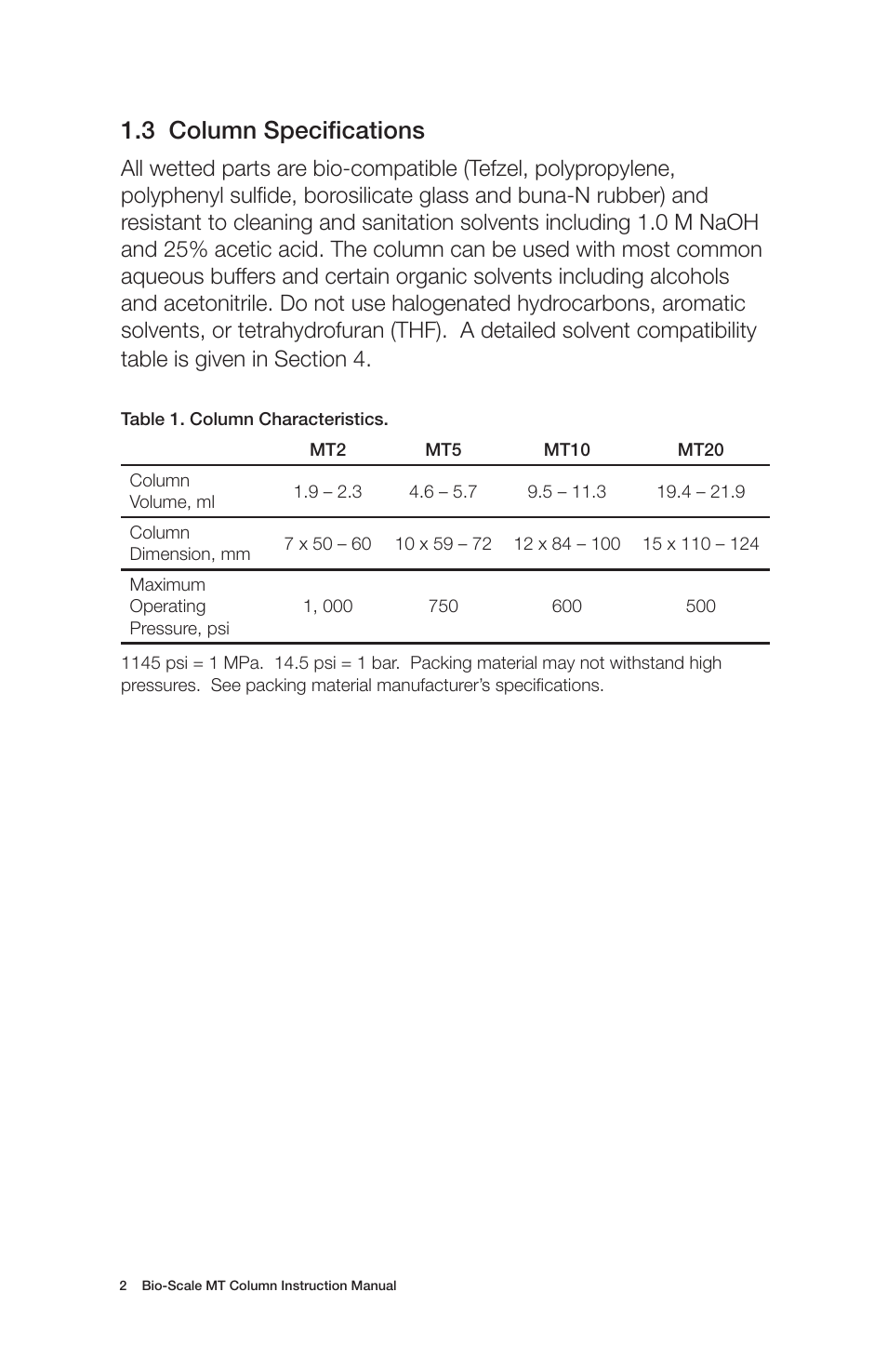 3 column specifications | Bio-Rad Bio-Scale™ MT High-Resolution Empty Columns User Manual | Page 6 / 16