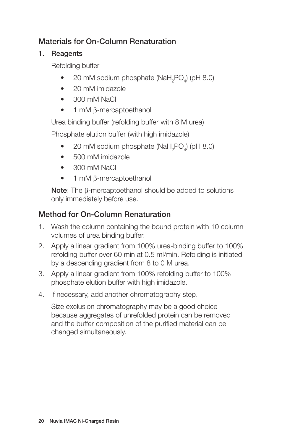 Materials for on-column renaturation, Method for on-column renaturation | Bio-Rad Nuvia™ IMAC Resin User Manual | Page 24 / 40