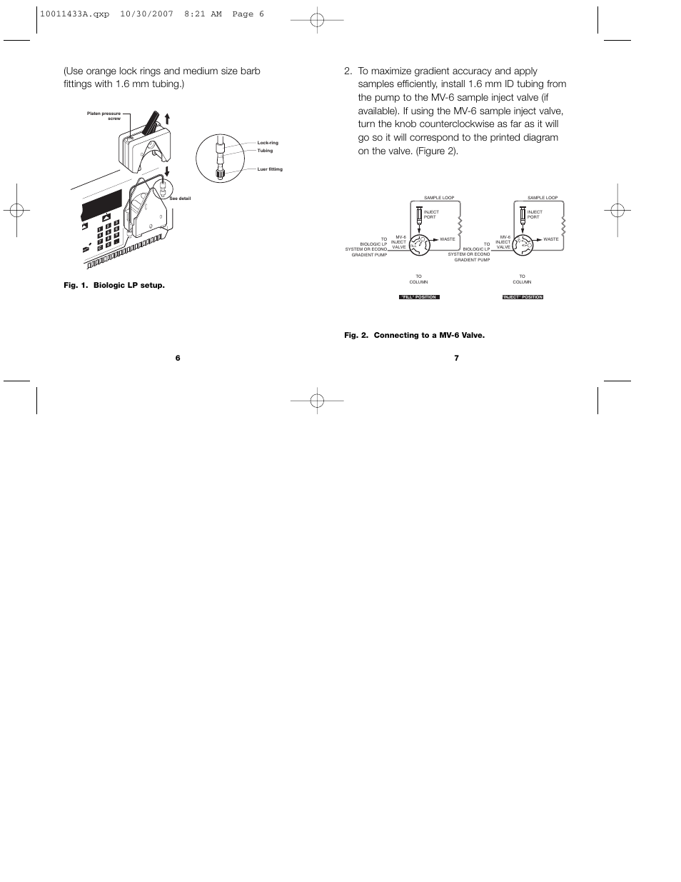 Fig. 2. connecting to a mv-6 valve, Fig. 1. biologic lp setup. 6 | Bio-Rad Bio-Scale™ Mini CHT™ 40 µm Cartridges User Manual | Page 7 / 17