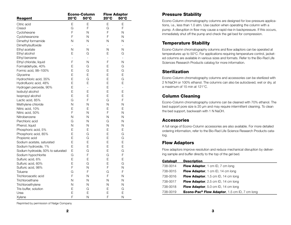 Pressure stability, Temperature stability, Sterilization | Column cleaning, Accessories, Flow adaptors | Bio-Rad Glass Econo-Column® Accessories User Manual | Page 4 / 8