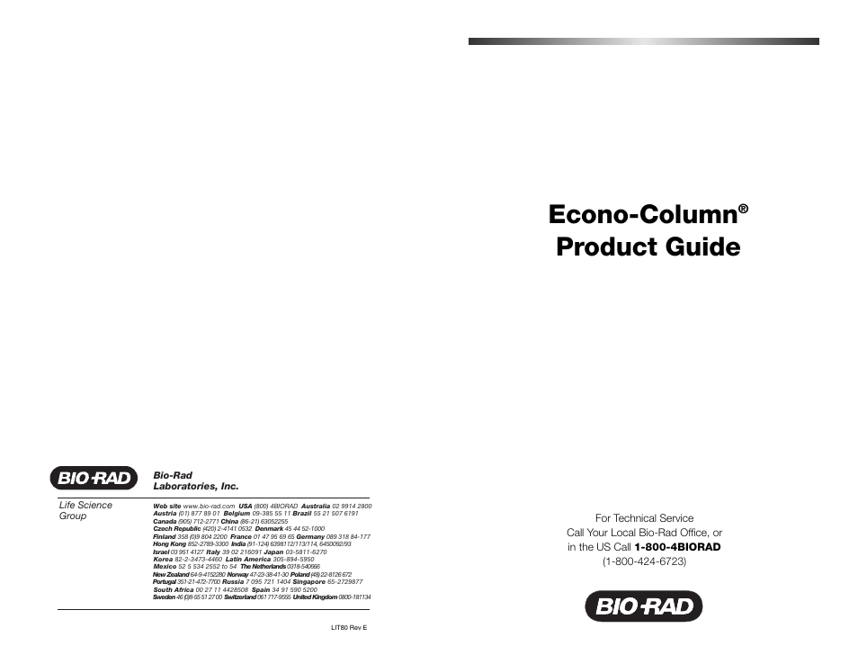 Econo-column, Product guide | Bio-Rad Glass Econo-Column® Accessories User Manual | Page 8 / 8