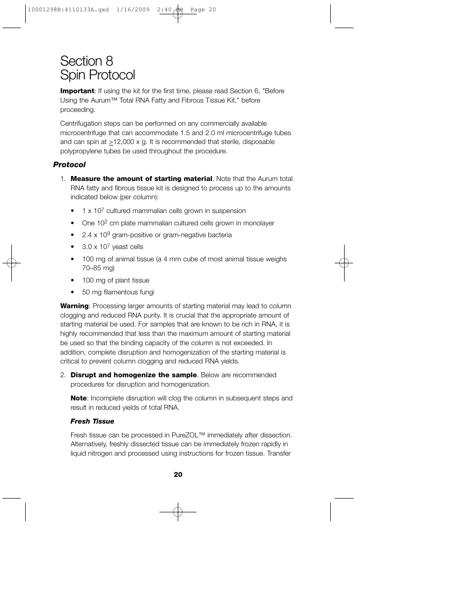 Bio-Rad Aurum™ Total RNA Fatty and Fibrous Tissue Kit User Manual | Page 24 / 40
