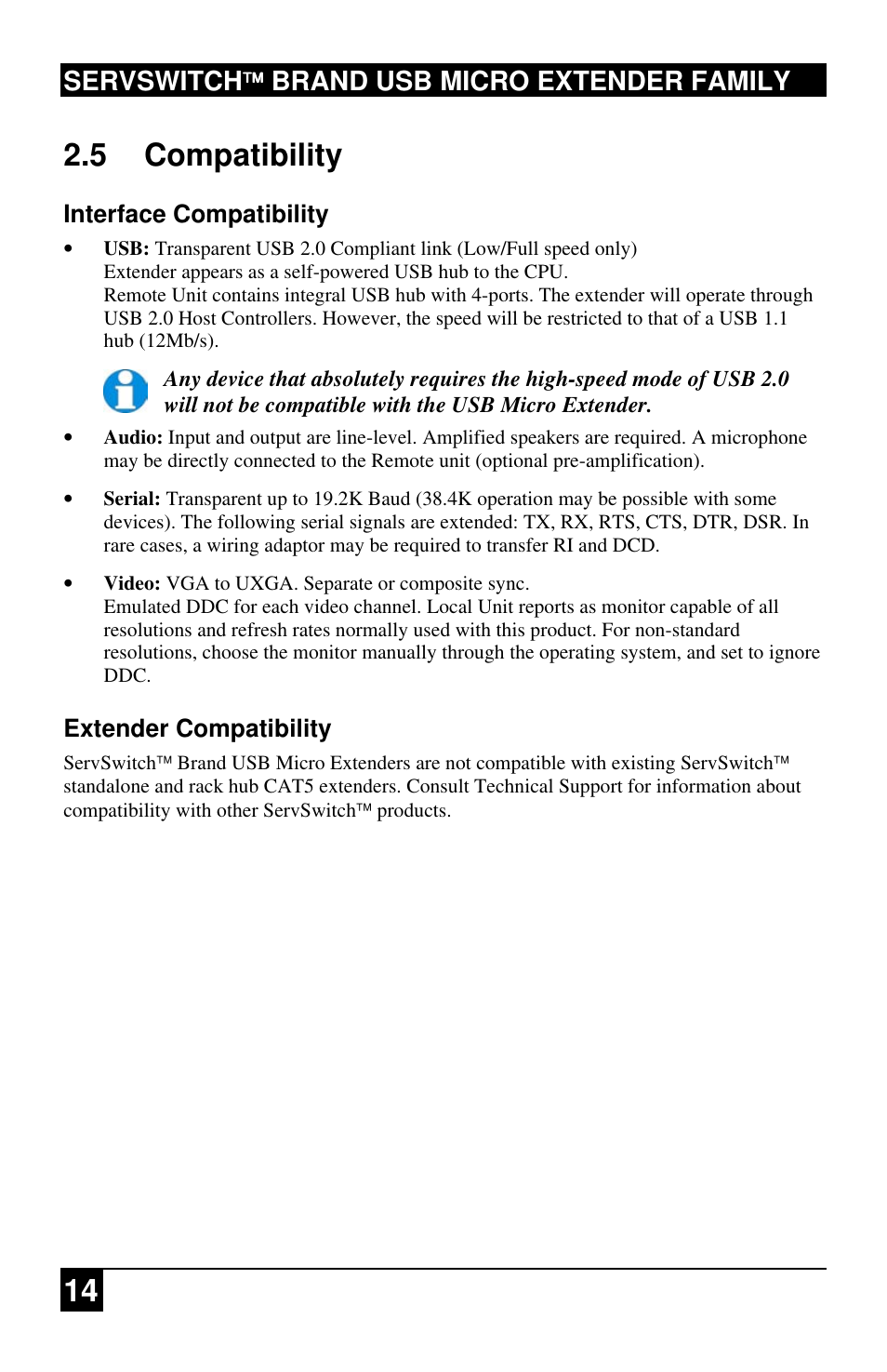 14 2.5 compatibility, Servswitch brand usb micro extender family, Interface compatibility | Extender compatibility | Black Box ACU4222A User Manual | Page 15 / 41