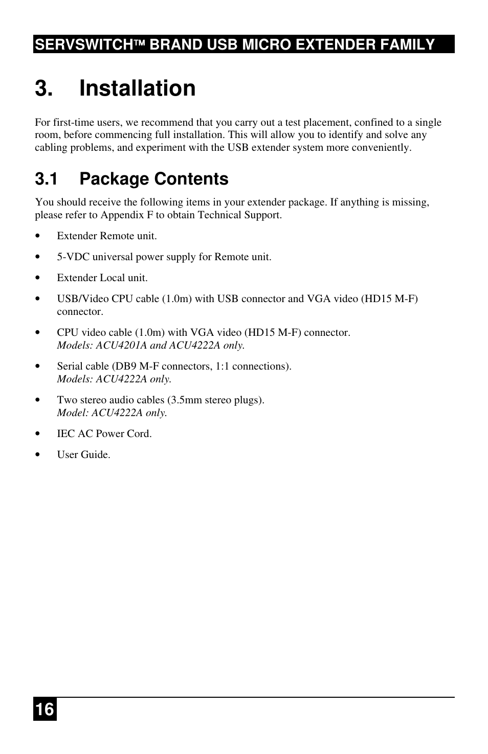 Installation, 1 package contents, Servswitch brand usb micro extender family | Black Box ACU4222A User Manual | Page 17 / 41