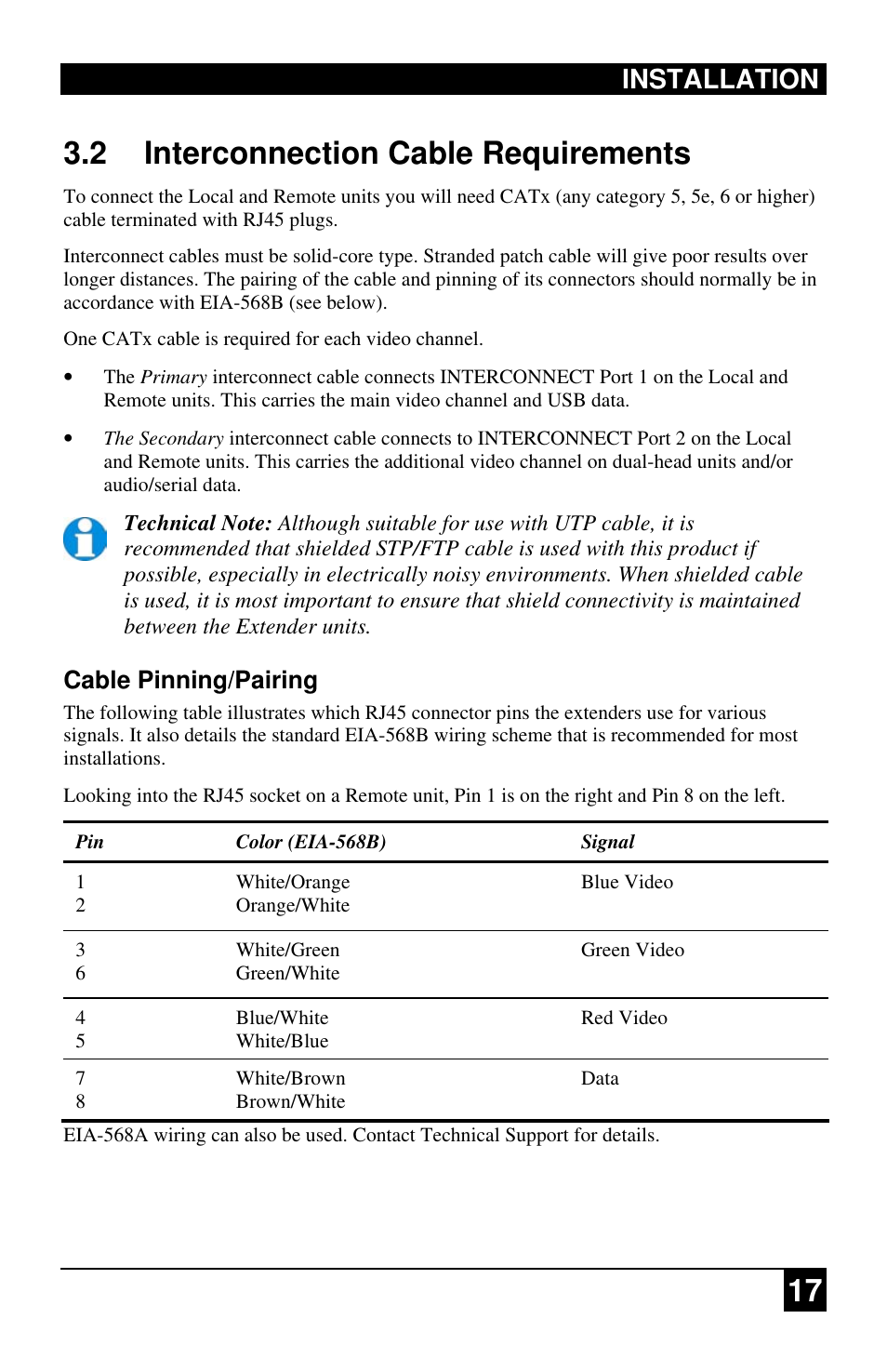 17 3.2 interconnection cable requirements, Installation, Cable pinning/pairing | Black Box ACU4222A User Manual | Page 18 / 41