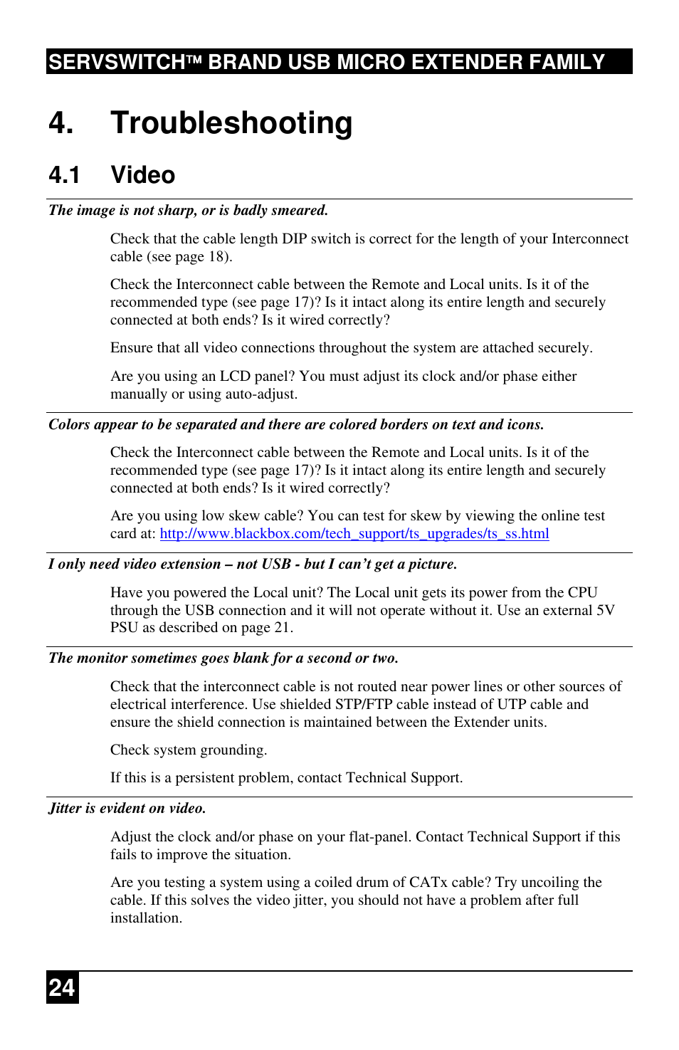 Troubleshooting, 1 video, Servswitch brand usb micro extender family | Black Box ACU4222A User Manual | Page 25 / 41
