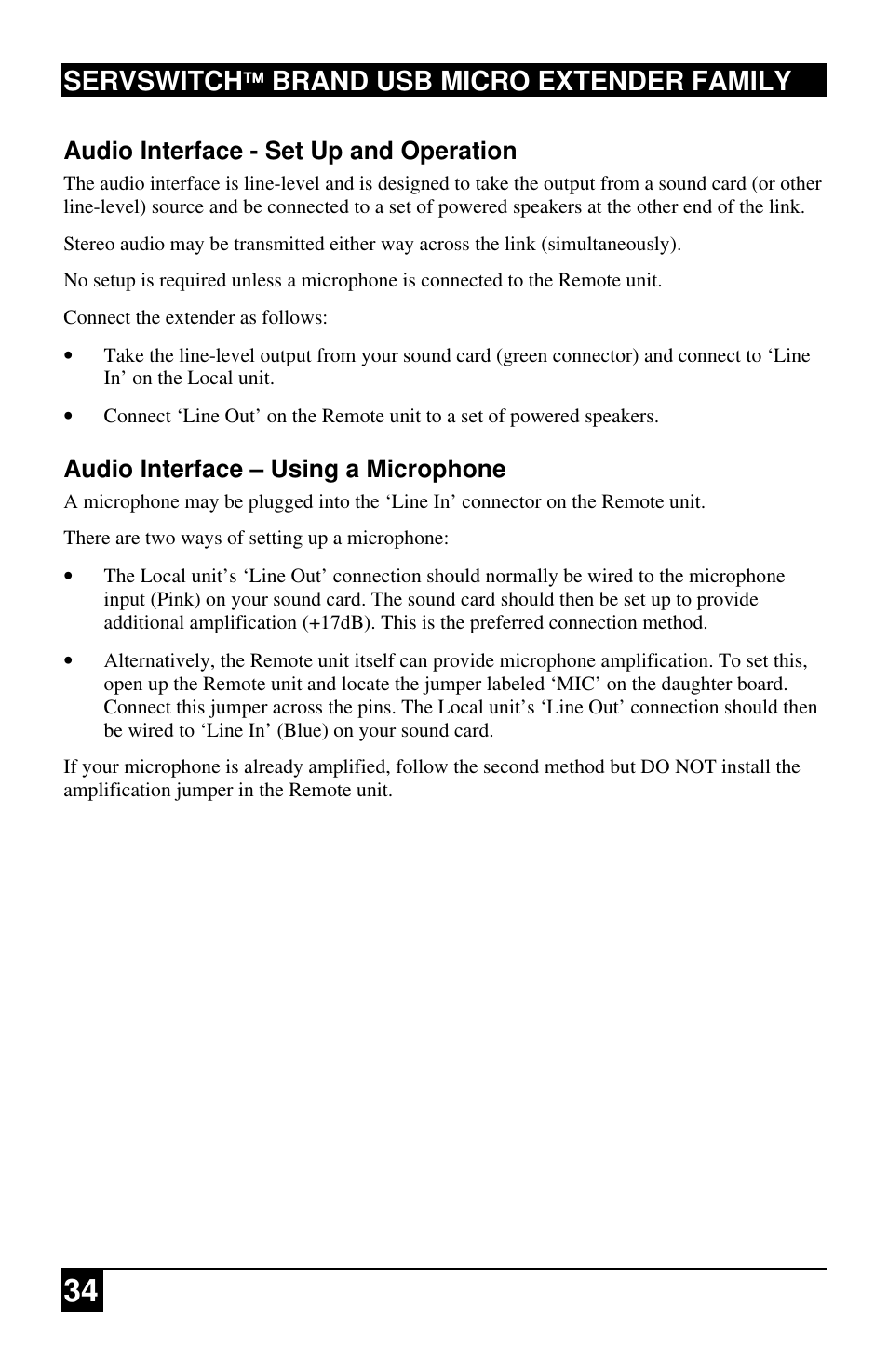 Servswitch brand usb micro extender family, Audio interface - set up and operation, Audio interface – using a microphone | Black Box ACU4222A User Manual | Page 35 / 41