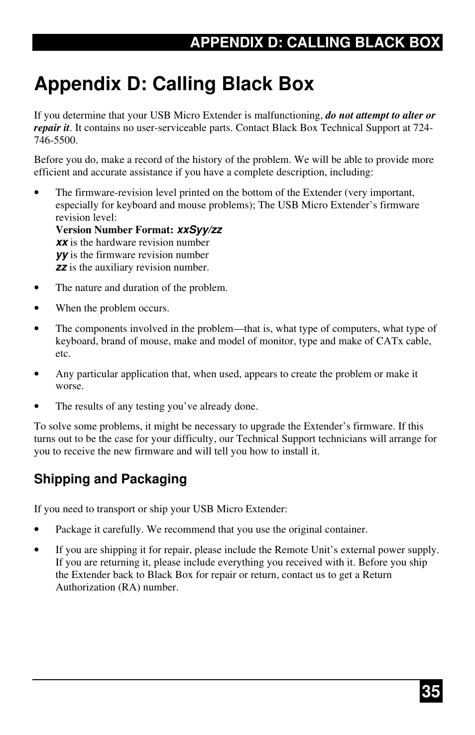 Appendix d: calling black box, Shipping and packaging | Black Box ACU4222A User Manual | Page 36 / 41