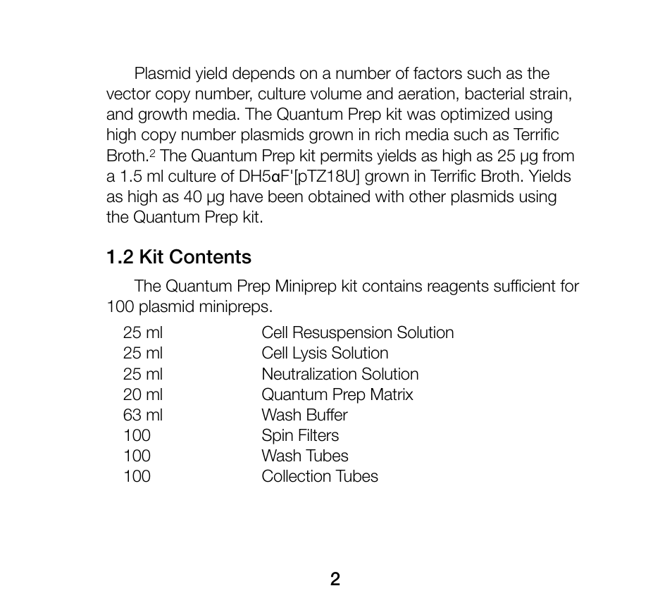 2 kit contents | Bio-Rad Quantum Prep Plasmid Kits User Manual | Page 6 / 16