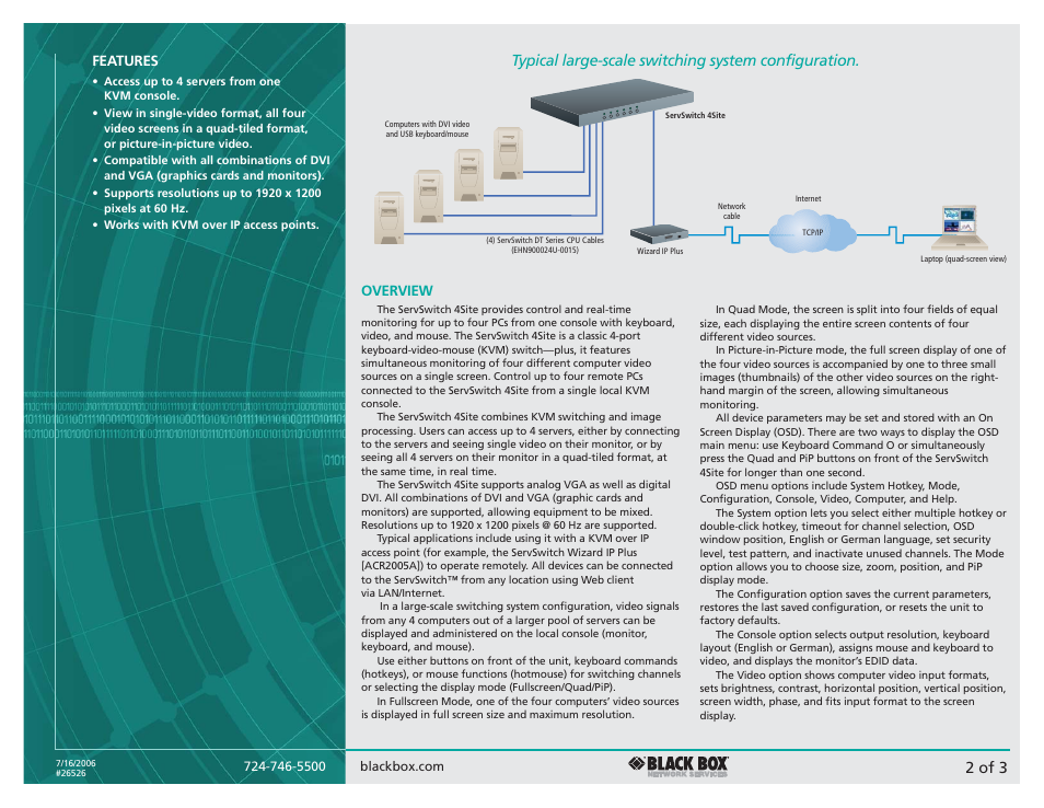 2 of 3, Typical large-scale switching system configuration, Features | Overview | Black Box 4site User Manual | Page 2 / 3