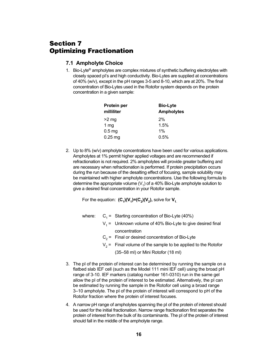 1 ampholyte choice | Bio-Rad Rotofor® and Mini Rotofor Cells User Manual | Page 20 / 52