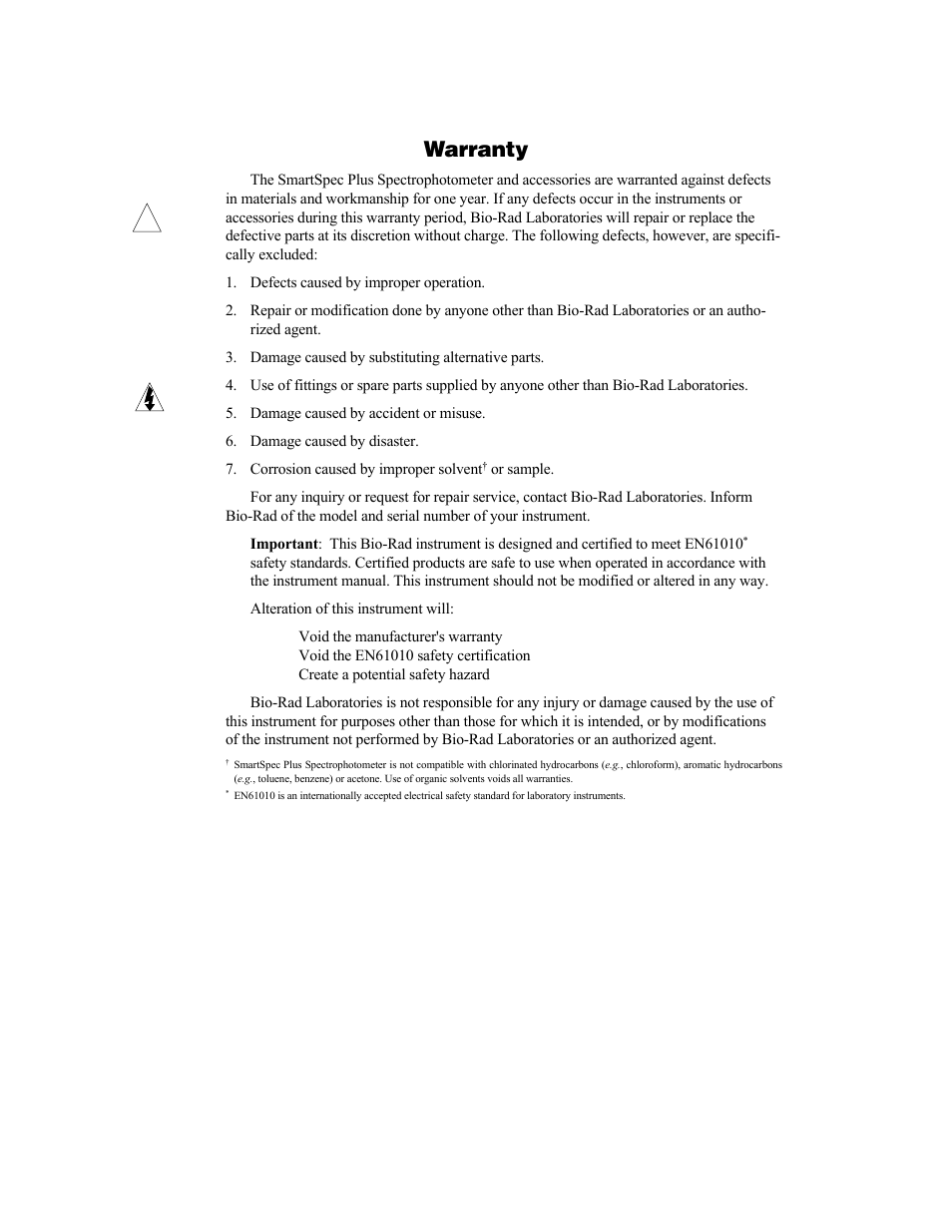 Warranty | Bio-Rad SmartSpec Plus Spectrophotometer User Manual | Page 3 / 58