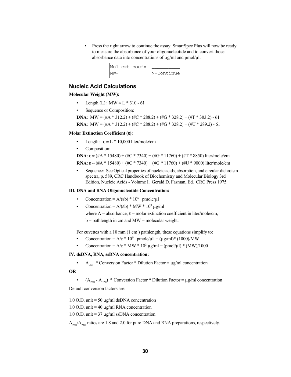 Nucleic acid calculations | Bio-Rad SmartSpec Plus Spectrophotometer User Manual | Page 33 / 58