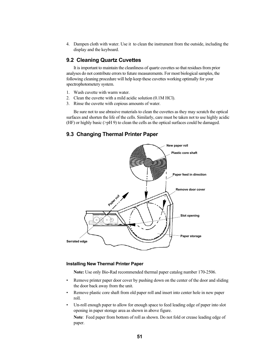 2 cleaning quartz cuvettes, 3 changing thermal printer paper | Bio-Rad SmartSpec Plus Spectrophotometer User Manual | Page 54 / 58