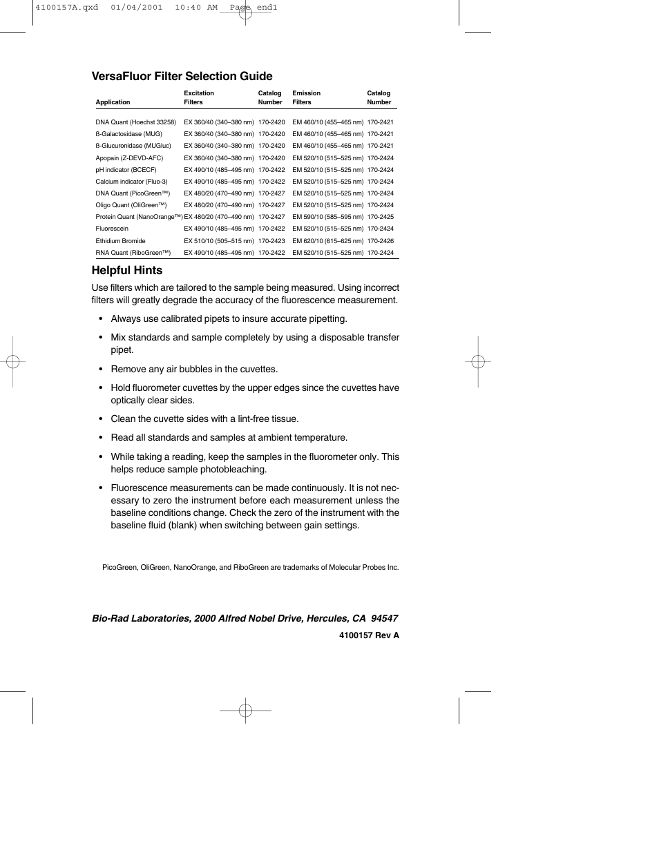 Versafluor filter selection guide, Helpful hints | Bio-Rad VersaFluor™ Fluorometer User Manual | Page 2 / 2