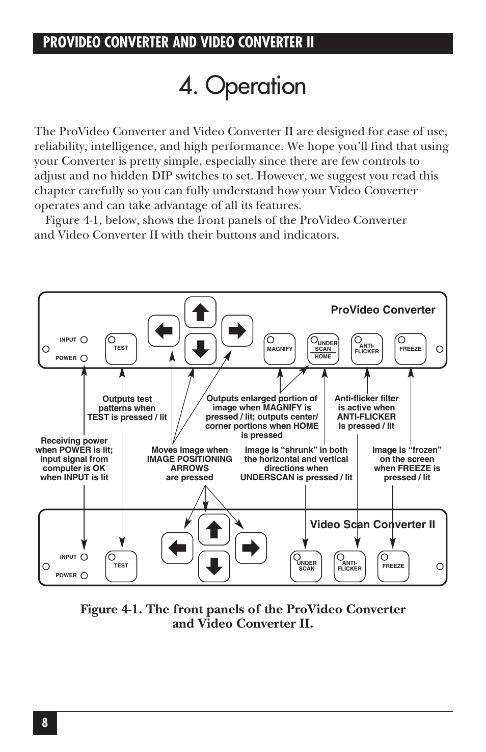 Operation, Provideo converter and video converter ii, Provideo converter | Video scan converter ii | Black Box AC095A User Manual | Page 13 / 26