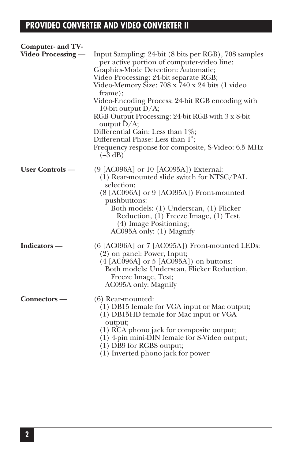 Provideo converter and video converter ii | Black Box AC095A User Manual | Page 7 / 26