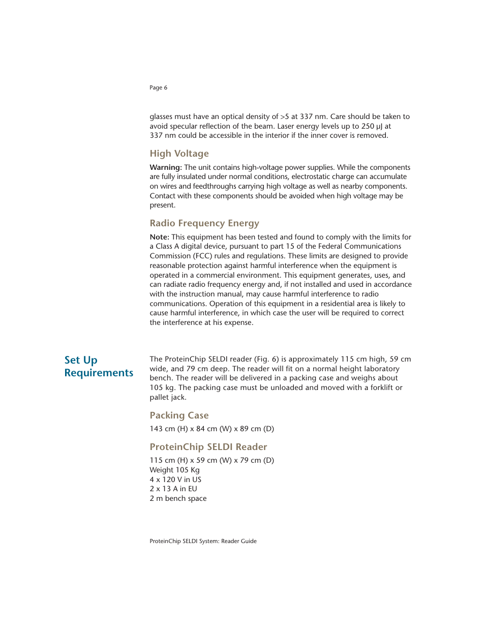 High voltage, Radio frequency energy, Set up requirements | Packing case, Proteinchip seldi reader | Bio-Rad ProteinChip Data Manager Software User Manual | Page 11 / 58