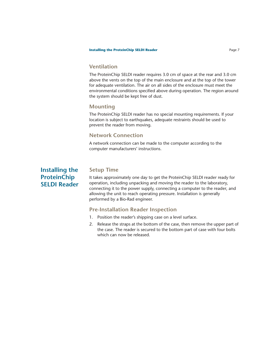 Ventilation, Mounting, Network connection | Installing the proteinchip seldi reader, Setup time, Pre-installation reader inspection | Bio-Rad ProteinChip Data Manager Software User Manual | Page 12 / 58