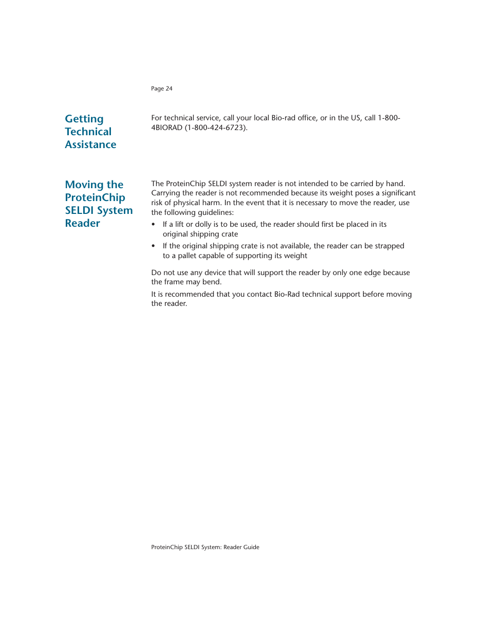 Getting technical assistance, Moving the proteinchip seldi system reader | Bio-Rad ProteinChip Data Manager Software User Manual | Page 29 / 58