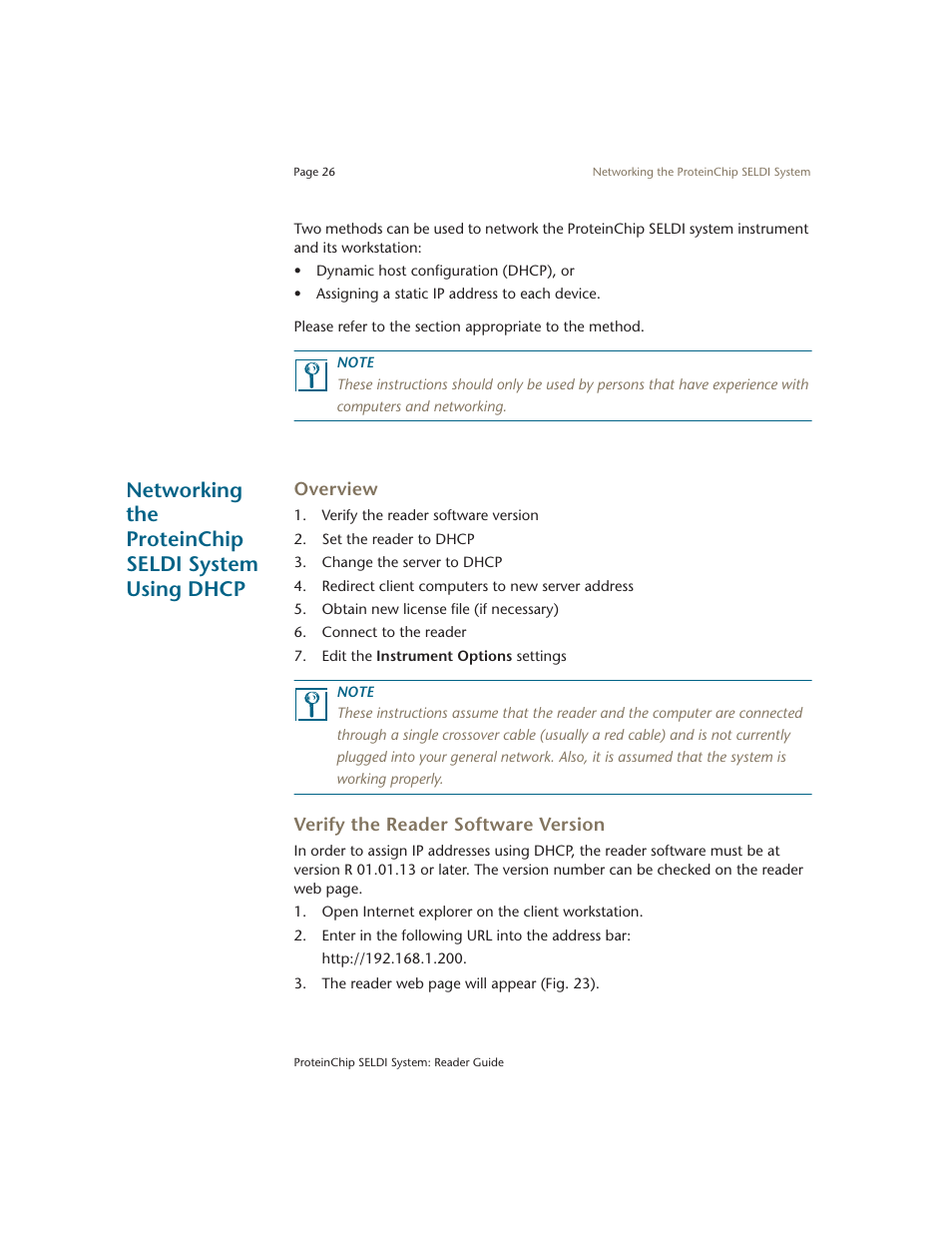 Networking the proteinchip seldi system using dhcp, Overview, Verify the reader software version | Bio-Rad ProteinChip Data Manager Software User Manual | Page 31 / 58