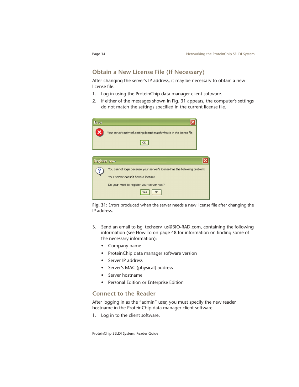 Obtain a new license file (if necessary), Connect to the reader | Bio-Rad ProteinChip Data Manager Software User Manual | Page 39 / 58