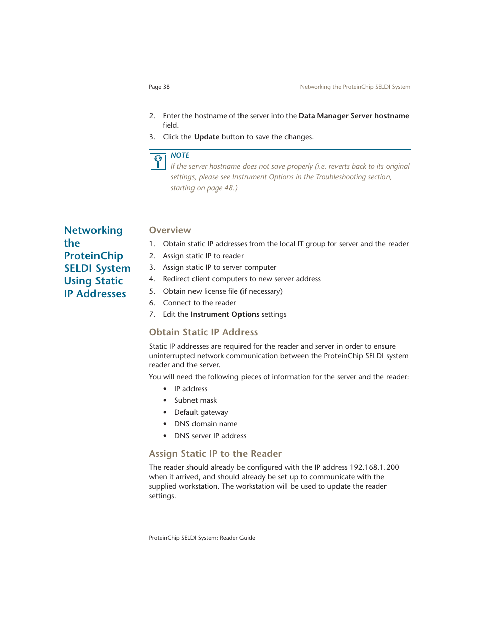 Overview, Obtain static ip address, Assign static ip to the reader | Assign static ip to the reader 38 | Bio-Rad ProteinChip Data Manager Software User Manual | Page 43 / 58