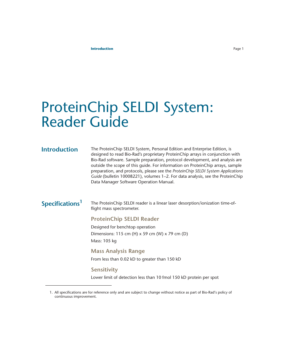 Proteinchip seldi system: reader guide, Introduction, Specifications | Proteinchip seldi reader, Mass analysis range, Sensitivity | Bio-Rad ProteinChip Data Manager Software User Manual | Page 6 / 58