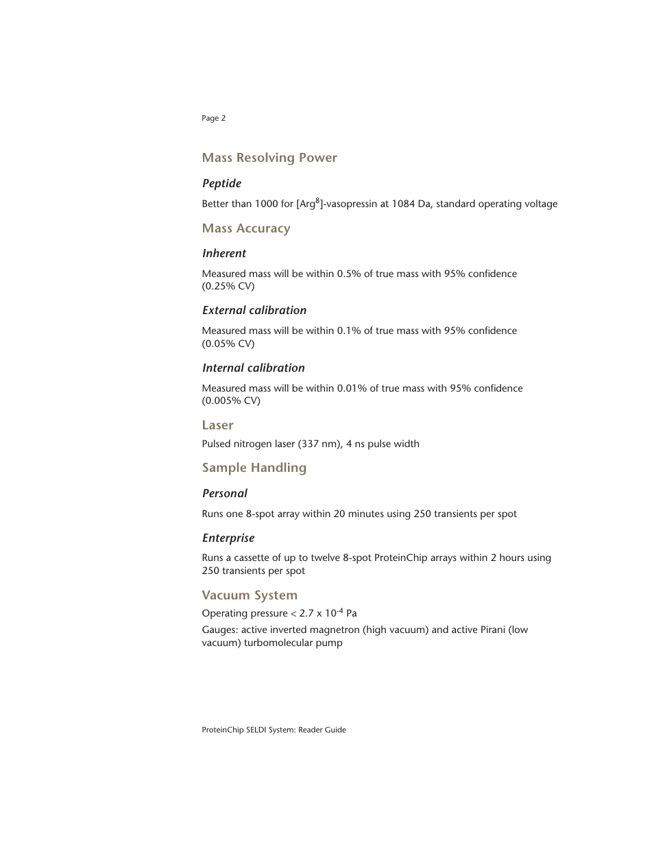 Mass resolving power, Mass accuracy, Laser | Sample handling, Vacuum system | Bio-Rad ProteinChip Data Manager Software User Manual | Page 7 / 58