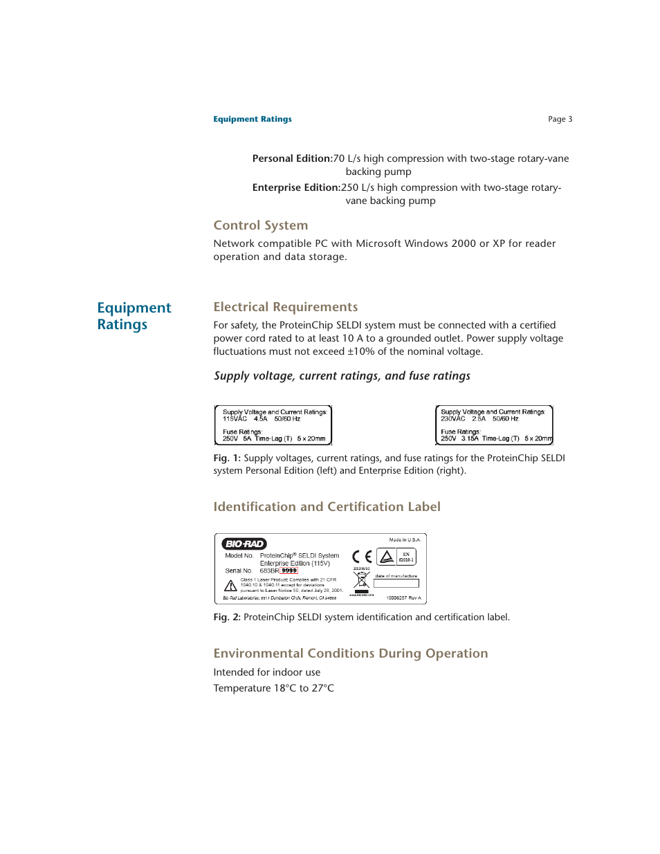 Control system, Equipment ratings, Electrical requirements | Identification and certification label, Environmental conditions during operation | Bio-Rad ProteinChip Data Manager Software User Manual | Page 8 / 58