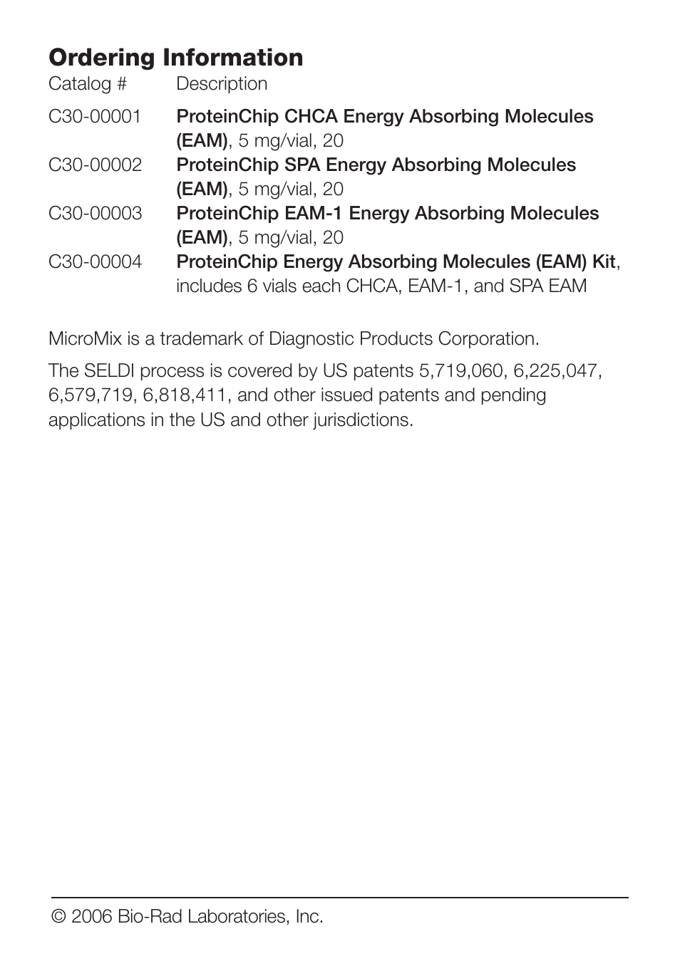 Ordering information | Bio-Rad ProteinChip Matrices User Manual | Page 7 / 8