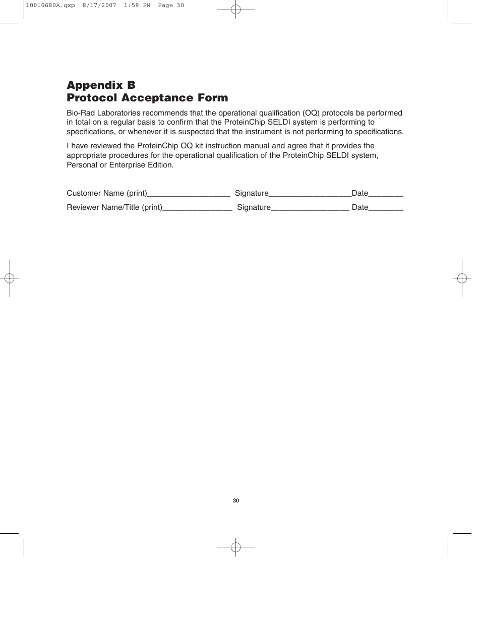 Appendix b protocol acceptance form | Bio-Rad ProteinChip Qualification and Calibration Kits User Manual | Page 33 / 35