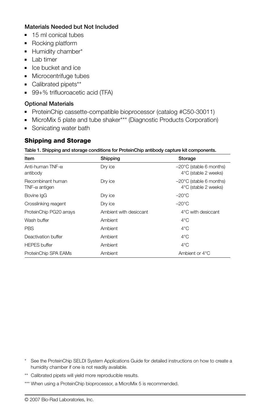 15 ml conical tubes, Rocking platform, Humidity chamber | Lab timer, Ice bucket and ice, Microcentrifuge tubes, Calibrated pipets, 99+% trifluoroacetic acid (tfa), Sonicating water bath shipping and storage, Materials needed but not included | Bio-Rad ProteinChip Antibody Capture Kit User Manual | Page 4 / 12