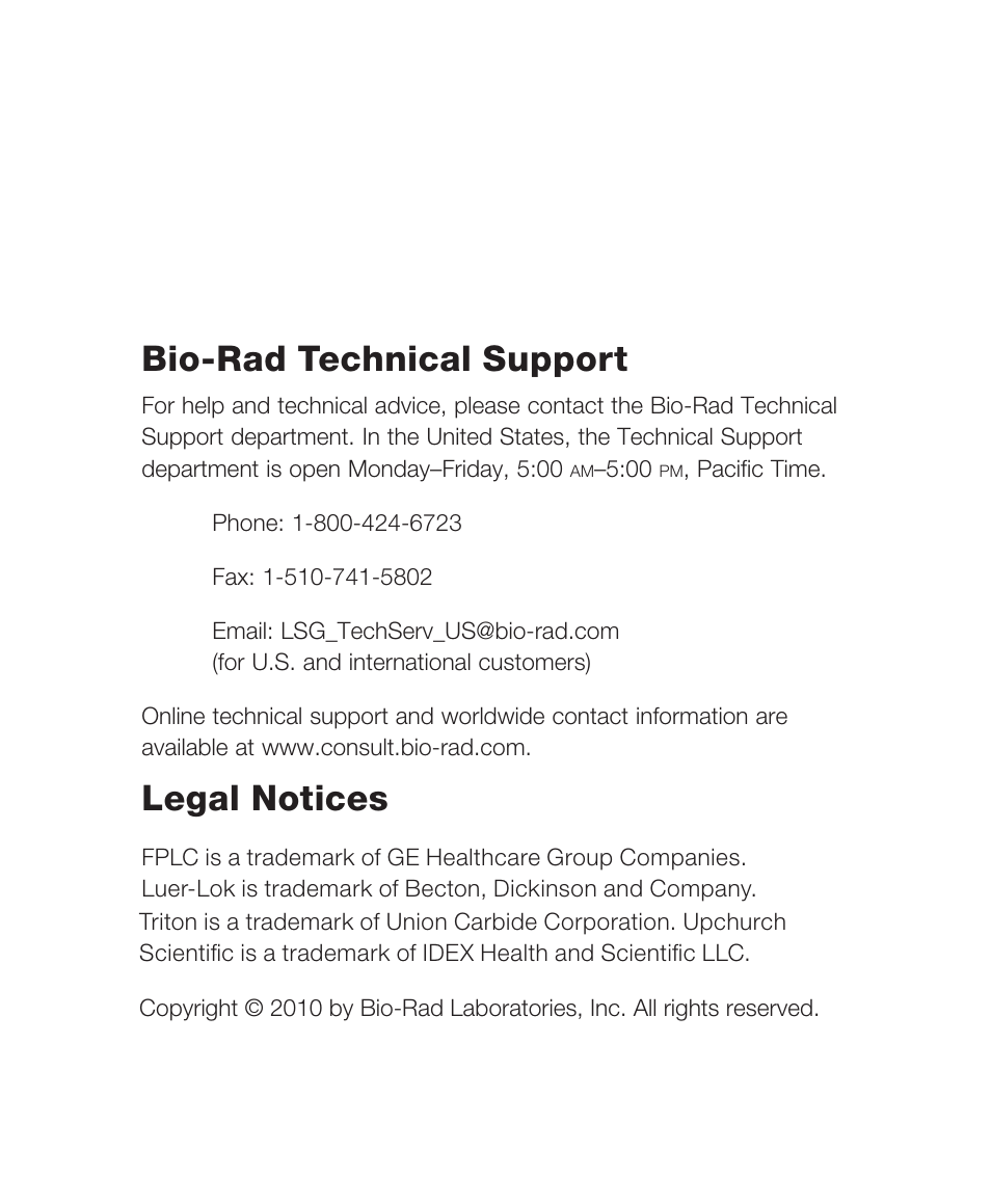 Bio-rad technical support, Legal notices | Bio-Rad Nuvia™ S Media User Manual | Page 2 / 28