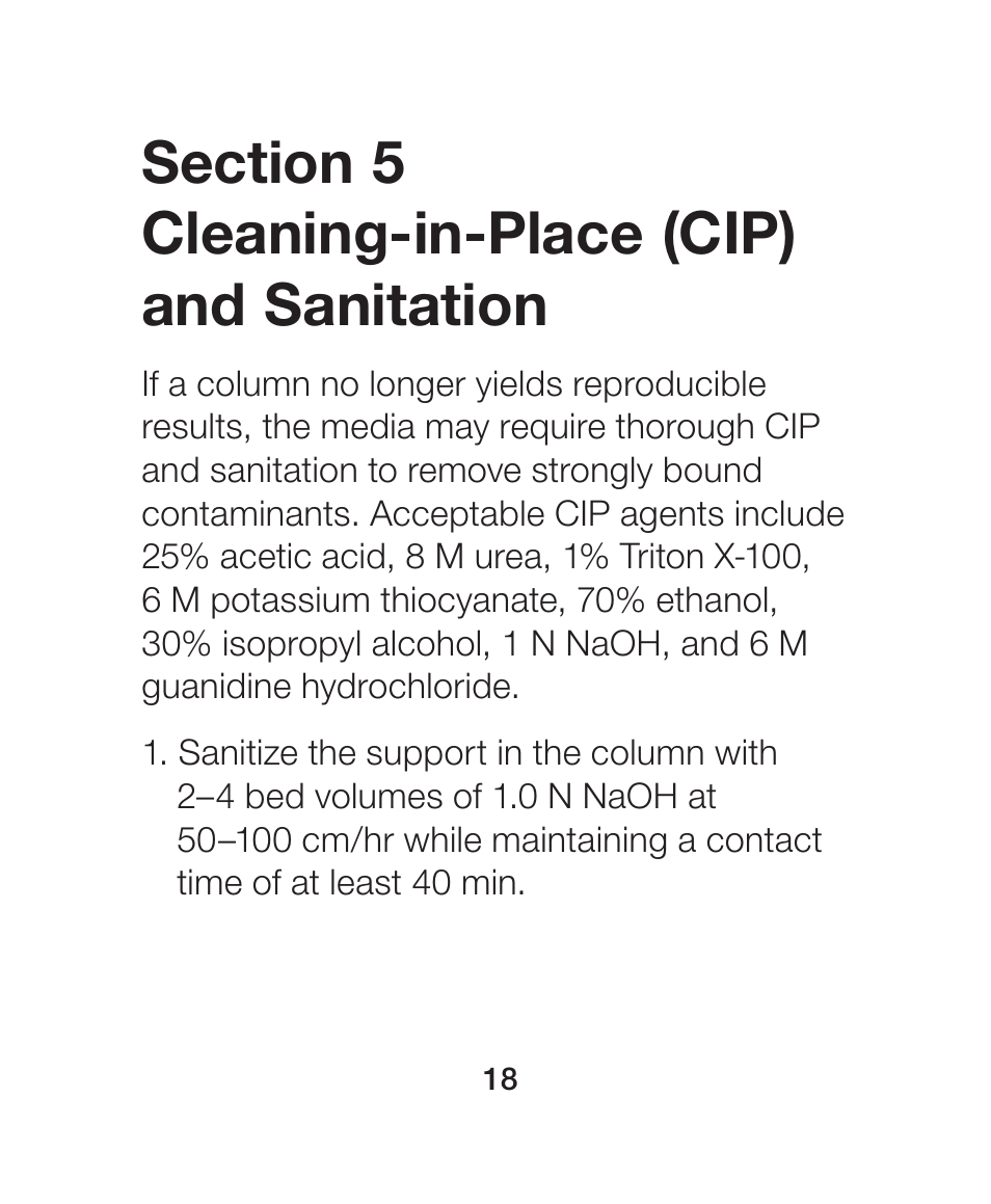 Section 5 cleaning-in-place (cip) and sanitation, Section 5 cleaning-in-place (cip) and, Sanitation | Bio-Rad Nuvia™ S Media User Manual | Page 22 / 28