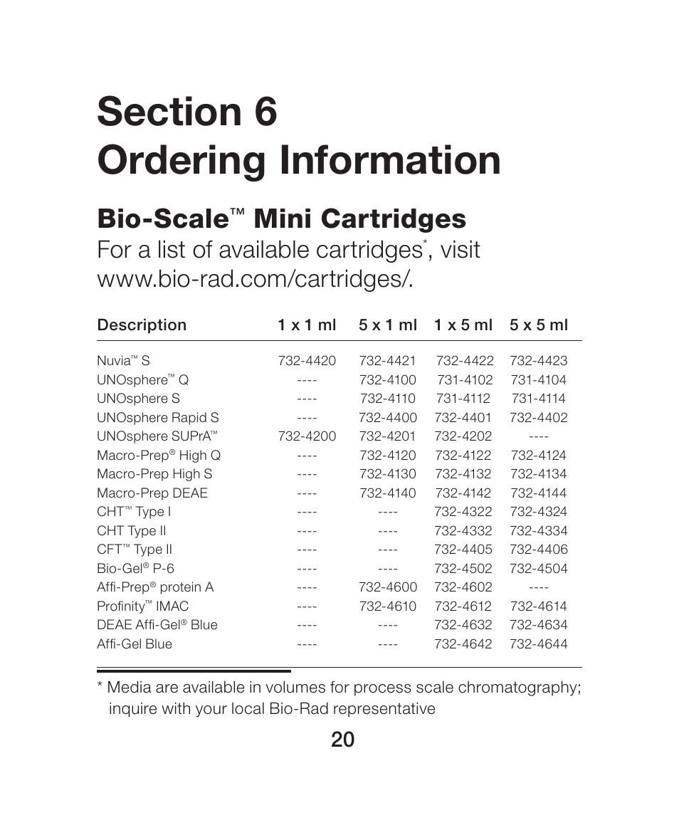 Section 6 ordering information, Bio-scale, Mini cartridges | For a list of available cartridges | Bio-Rad Nuvia™ S Media User Manual | Page 24 / 28
