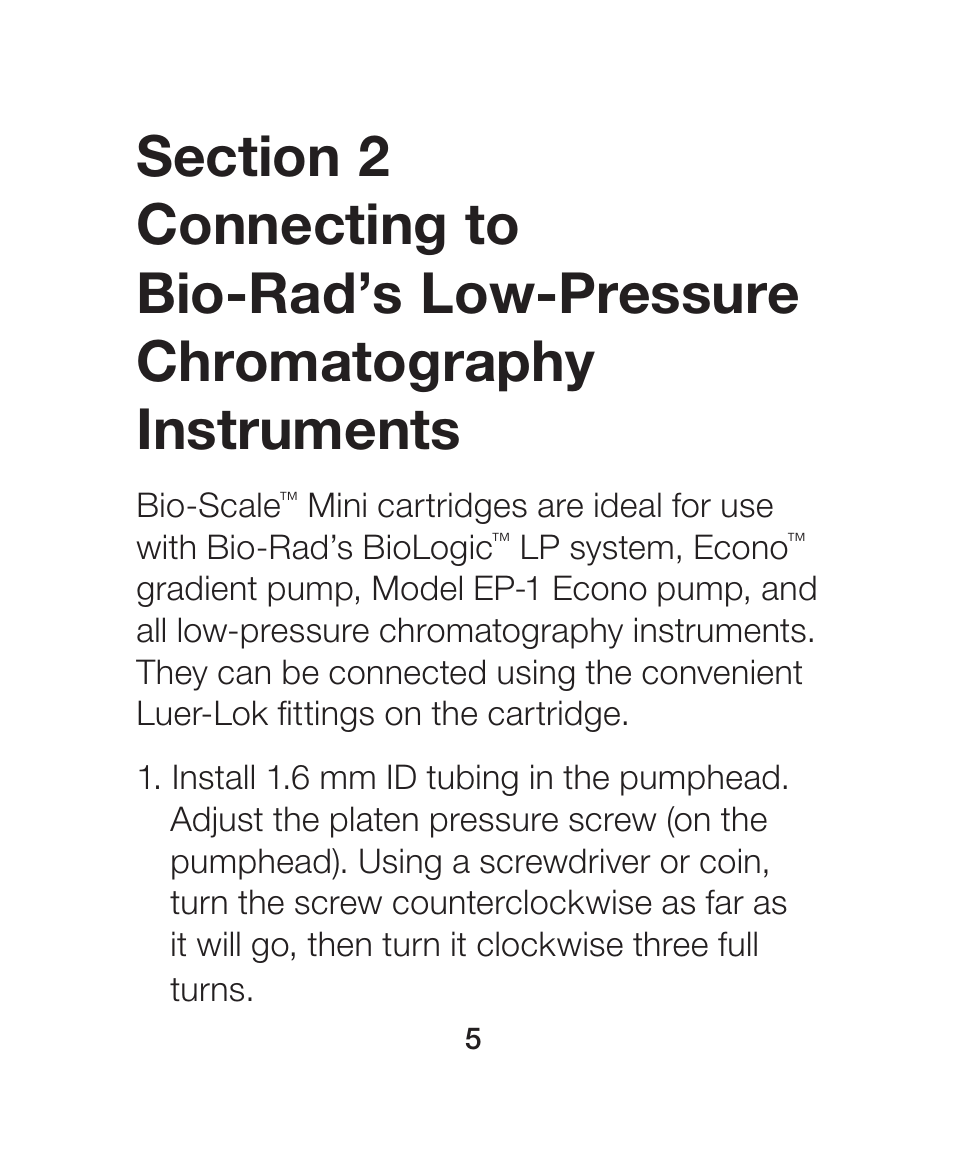 Section 2 connecting to bio-rad’s, Low-pressure chromatography, Instruments | Bio-Rad Nuvia™ S Media User Manual | Page 9 / 28