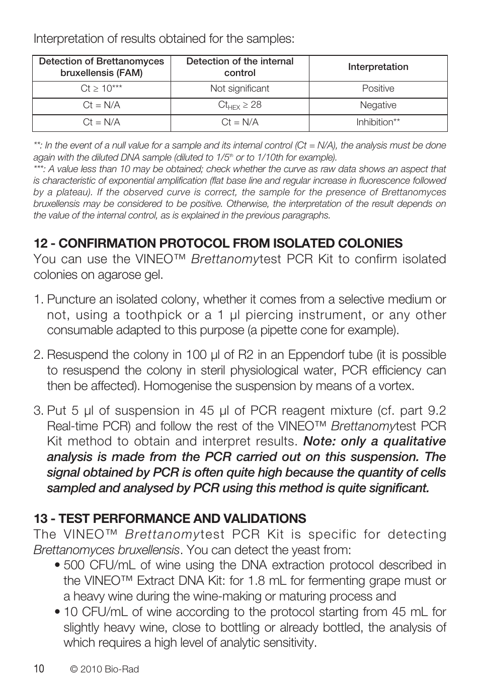 Interpretation of results obtained for the samples | Bio-Rad VINEO™ Brettanomytest PCR Kit User Manual | Page 10 / 56