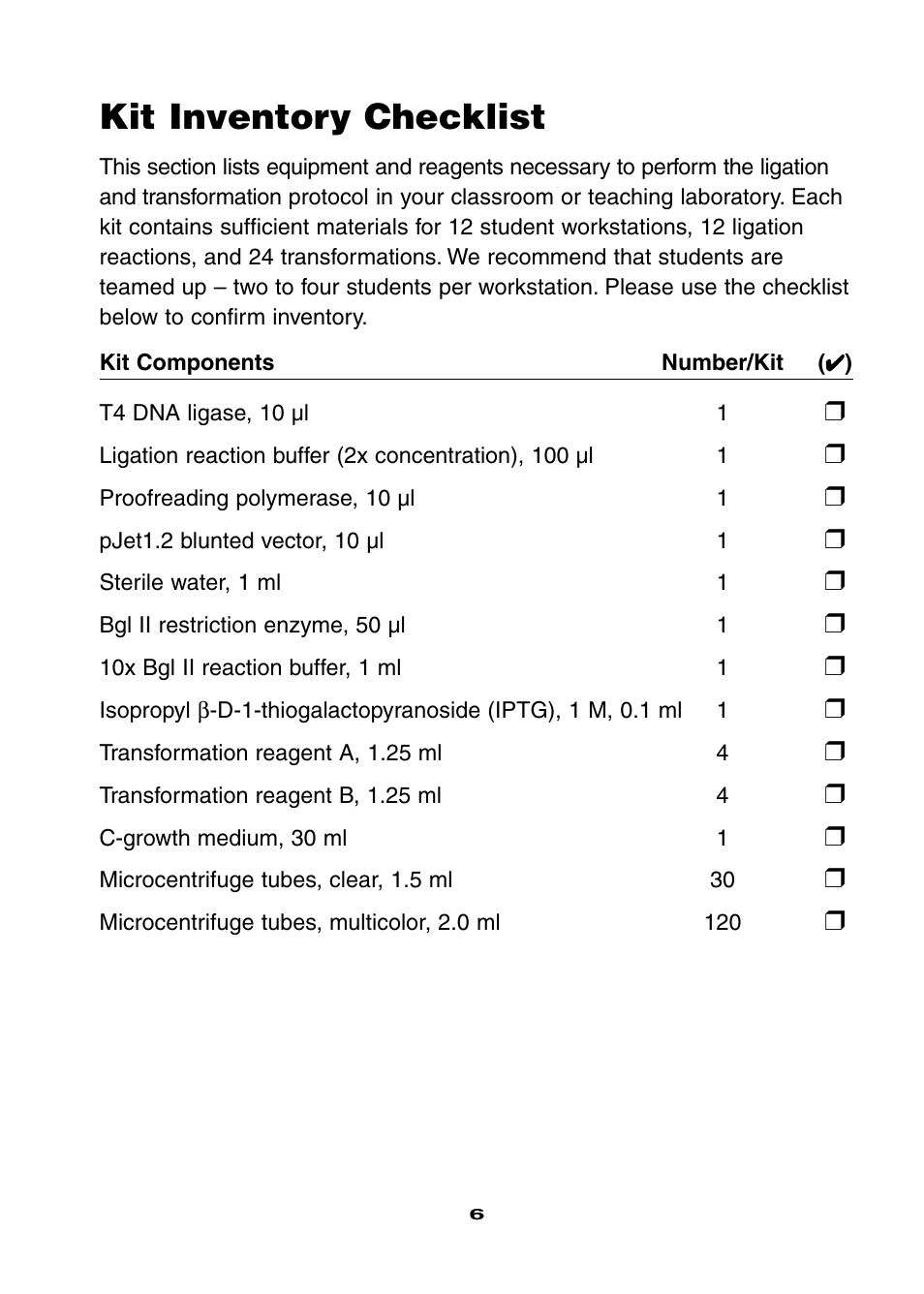 Kit inventory checklist | Bio-Rad Ligation and Transformation Module User Manual | Page 10 / 60