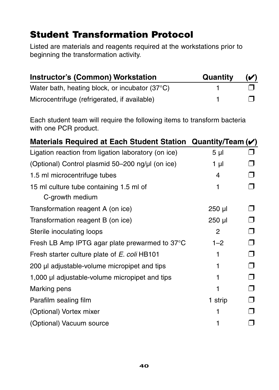 Student transformation protocol | Bio-Rad Ligation and Transformation Module User Manual | Page 44 / 60