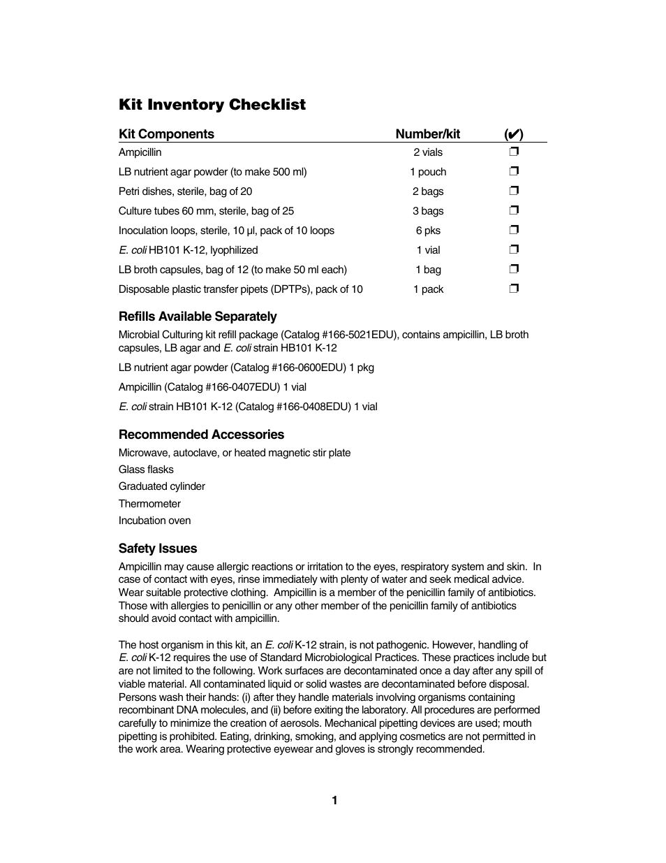 Kit inventory checklist | Bio-Rad Microbial Culturing Module User Manual | Page 5 / 12