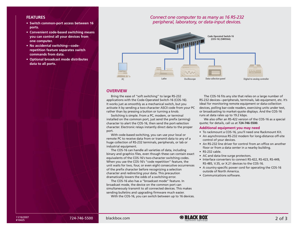 2 of 3, Features, Overview | Black Box Code-Operated Switch-16 User Manual | Page 2 / 3