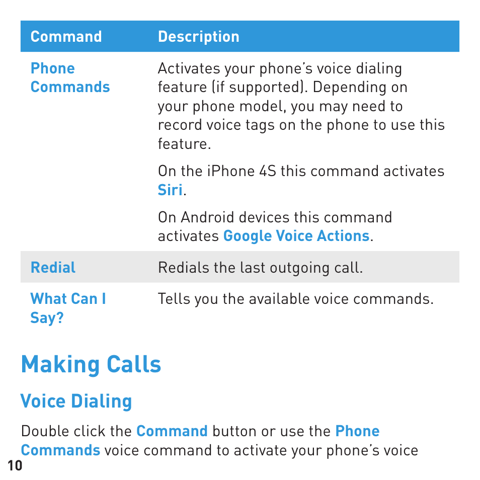 Making calls, Voice dialing | BlueAnt CONNECT Bluetooth Earpiece User Manual | Page 10 / 28