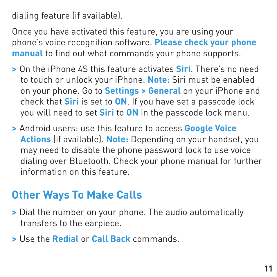 Other ways to make calls | BlueAnt CONNECT Bluetooth Earpiece User Manual | Page 11 / 76