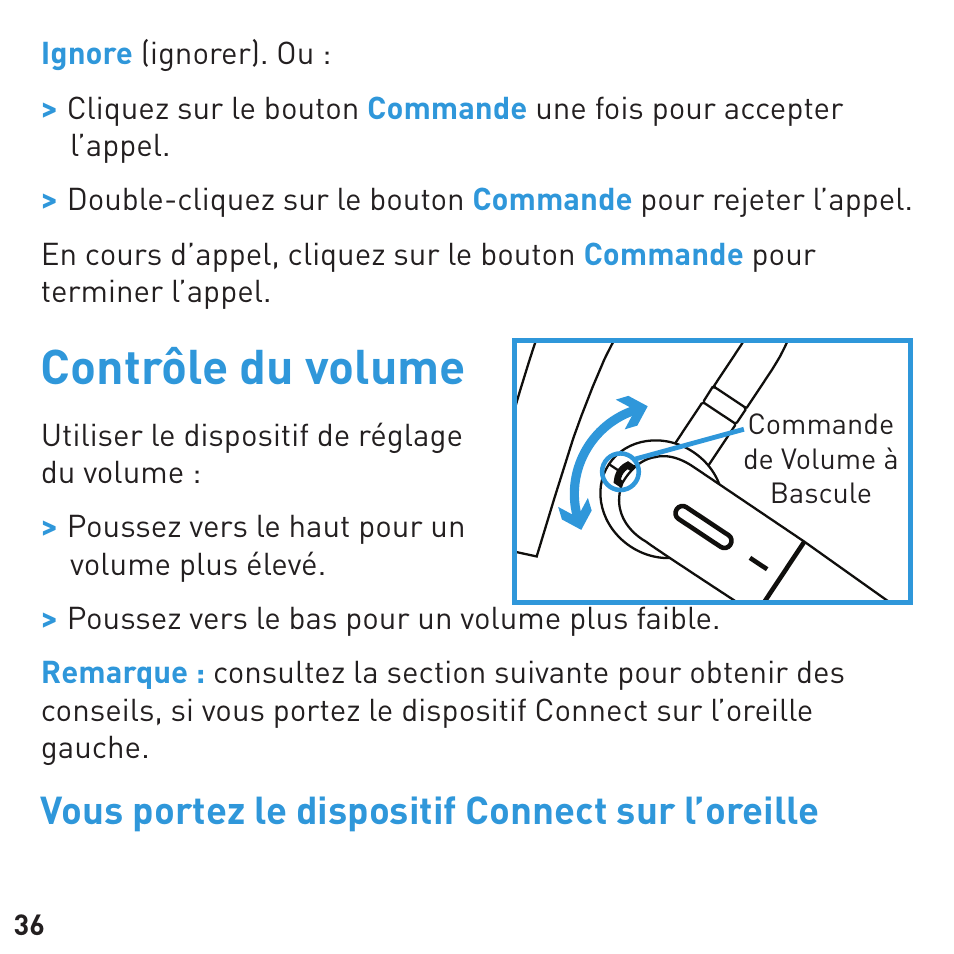 Contrôle du volume, Vous portez le dispositif connect sur l’oreille | BlueAnt CONNECT Bluetooth Earpiece User Manual | Page 36 / 76
