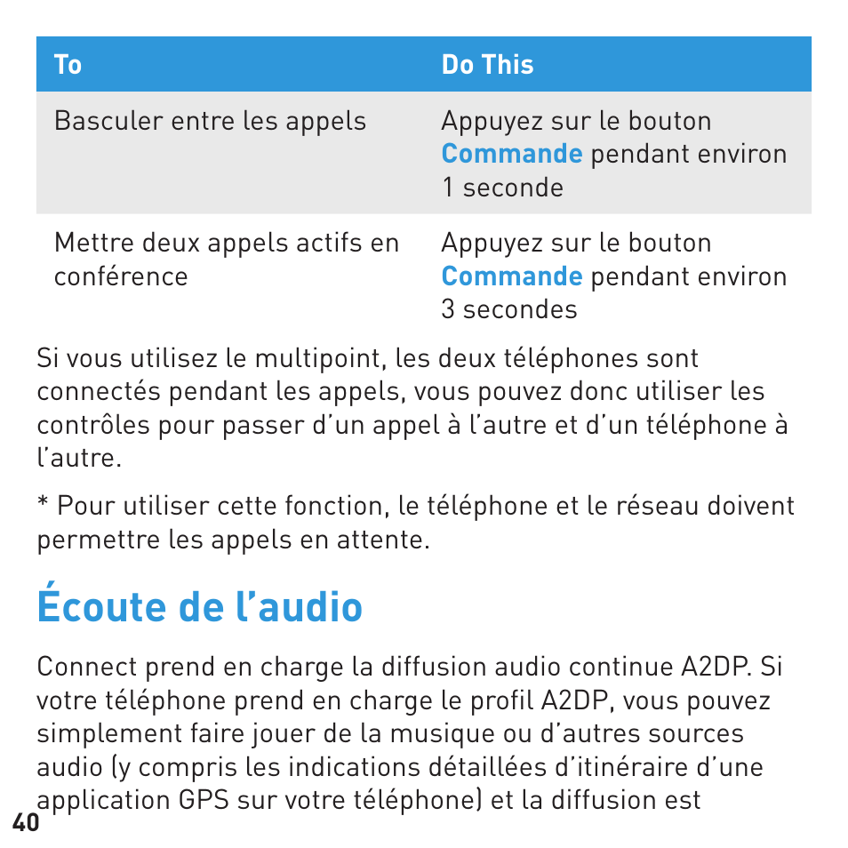 Écoute de l’audio | BlueAnt CONNECT Bluetooth Earpiece User Manual | Page 40 / 76
