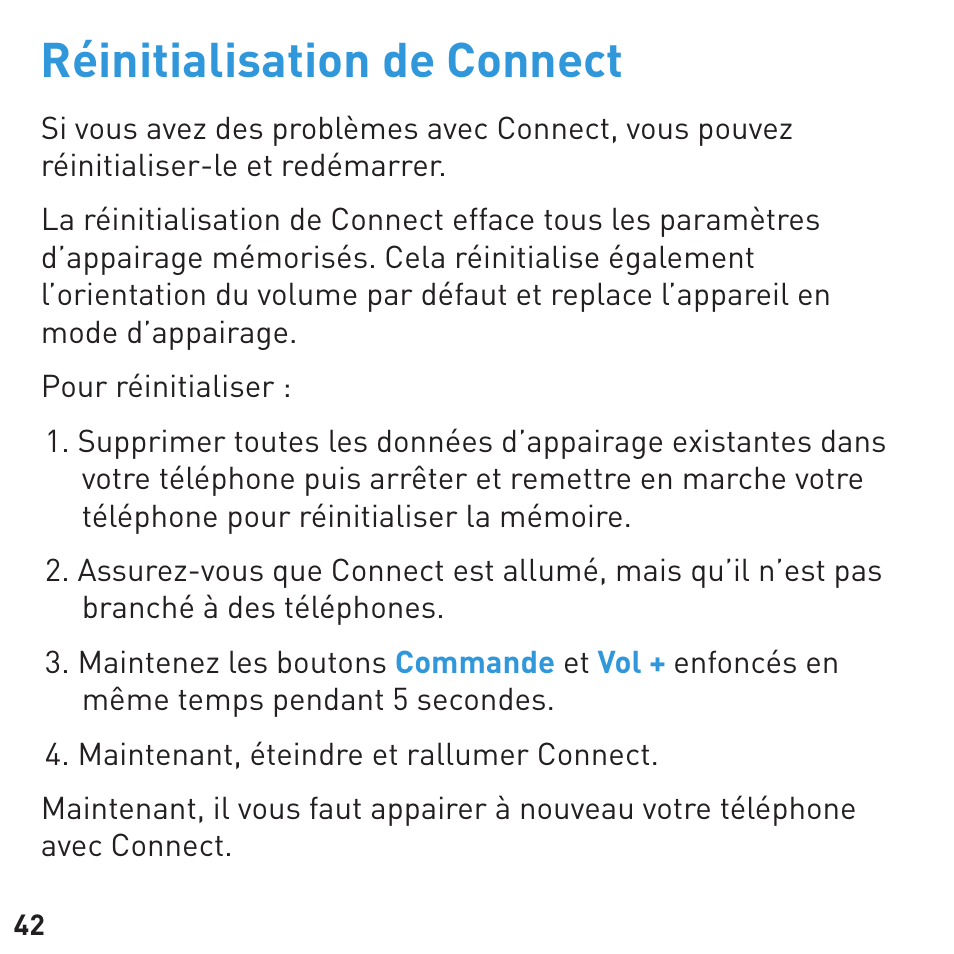 Réinitialisation de connect | BlueAnt CONNECT Bluetooth Earpiece User Manual | Page 42 / 76