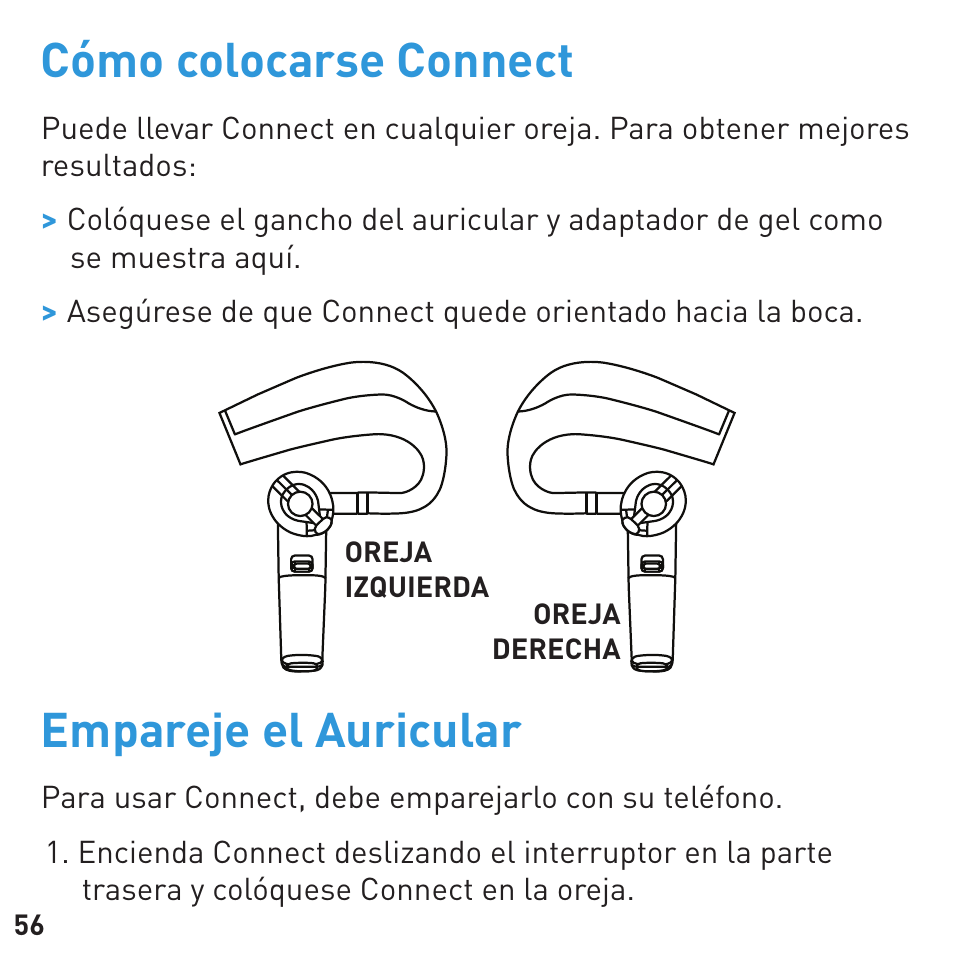 Cómo colocarse connect, Empareje el auricular | BlueAnt CONNECT Bluetooth Earpiece User Manual | Page 56 / 76