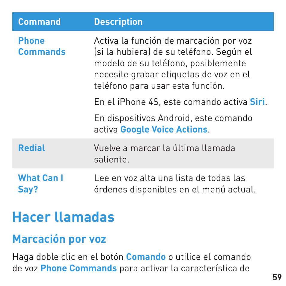 Hacer llamadas, Marcación por voz | BlueAnt CONNECT Bluetooth Earpiece User Manual | Page 59 / 76