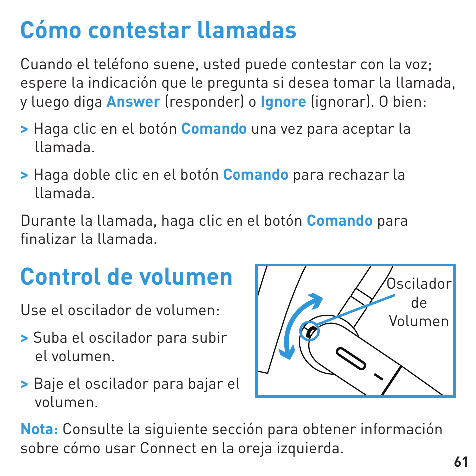 Cómo contestar llamadas, Control de volumen | BlueAnt CONNECT Bluetooth Earpiece User Manual | Page 61 / 76